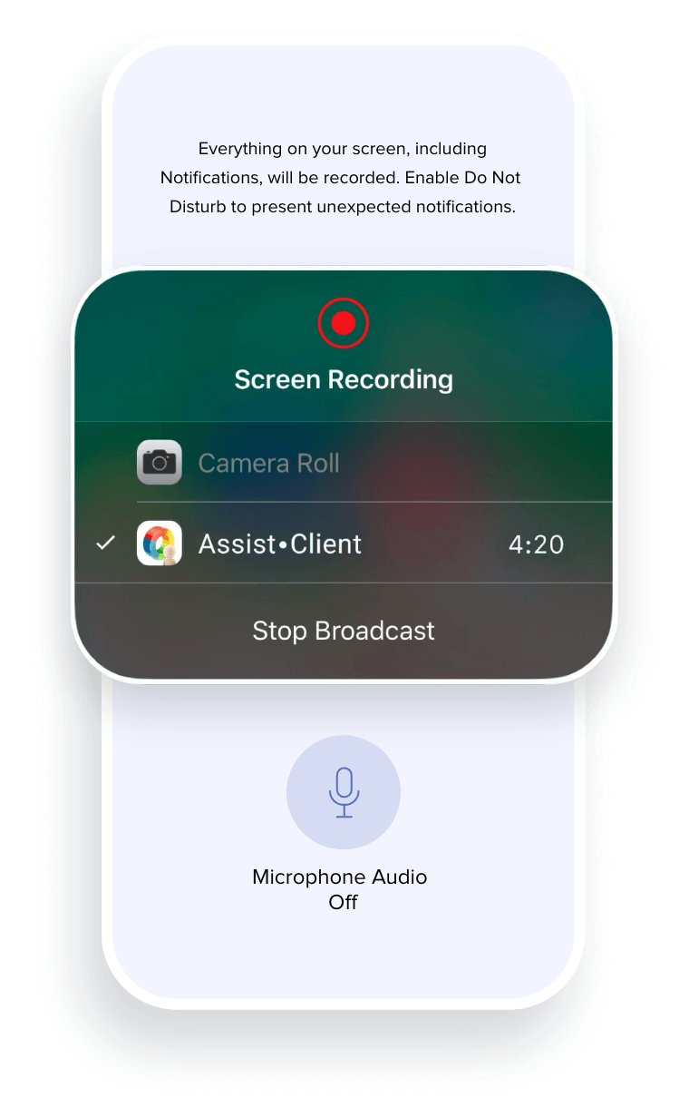 Remote access iPhone - Zoho Assist Zoho Assist remote access screen recording prompt on an iPhone with session key entry.