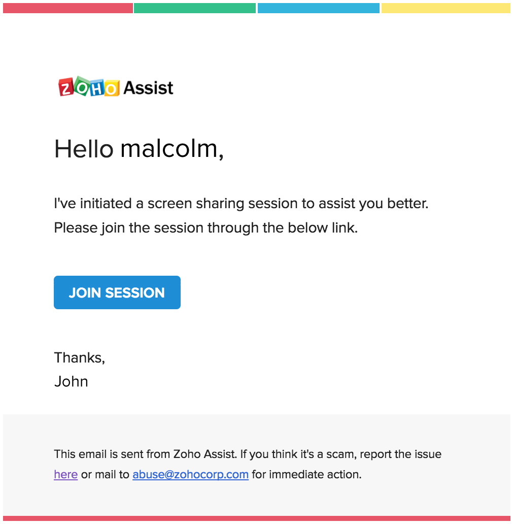 Customer joining session via email