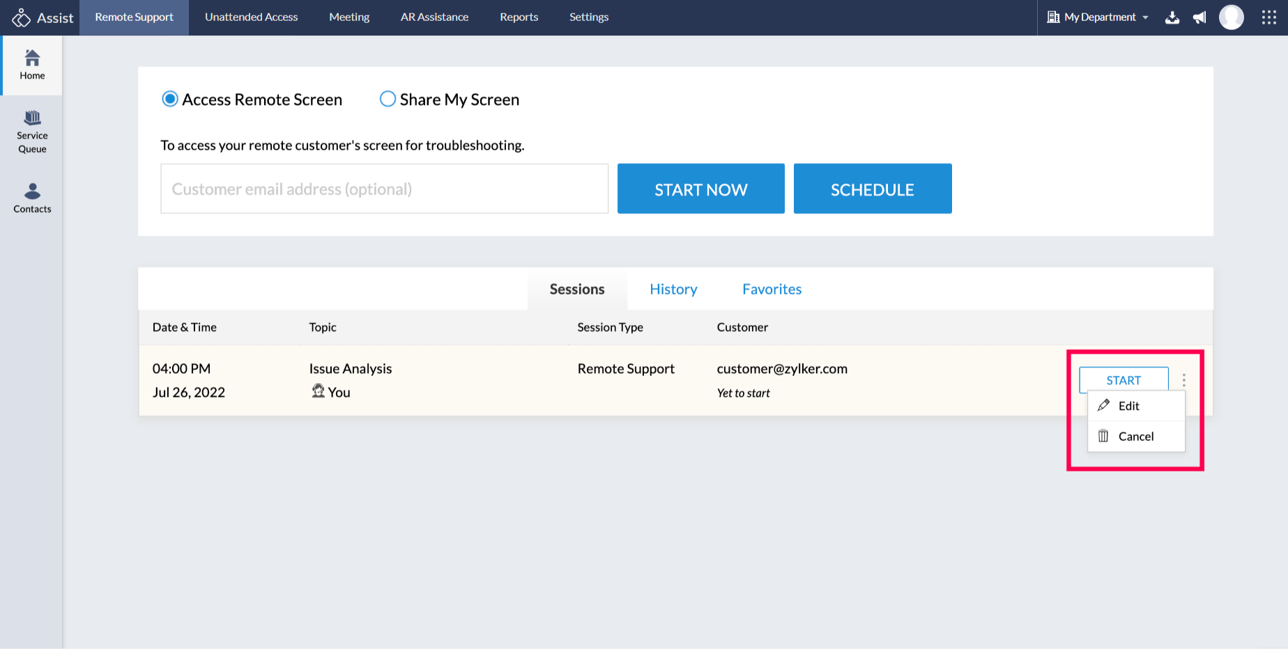 Edit or cancel session