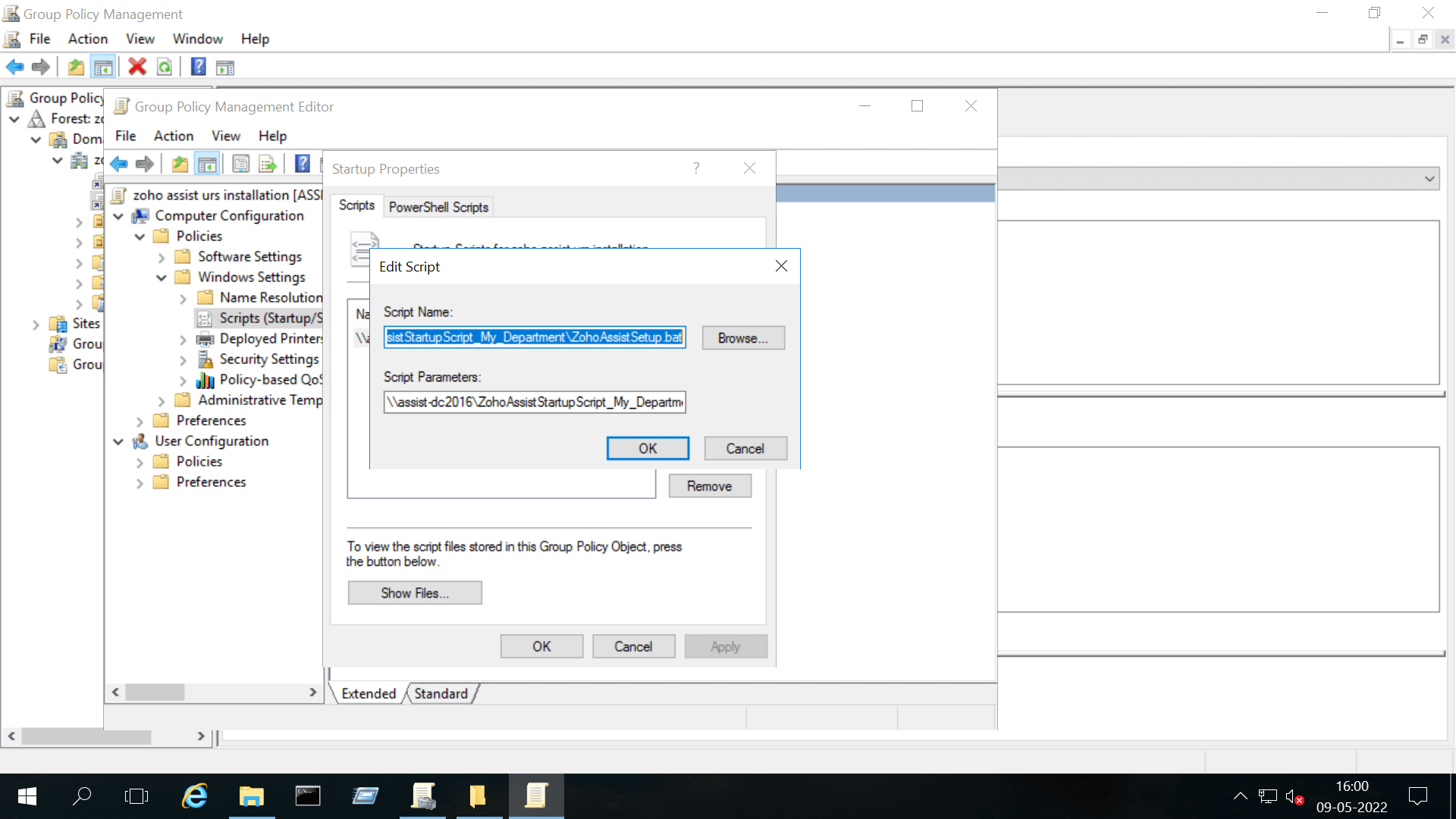 Copied file is pasted ZohoAssistSetup.bat Script in the edit script dialog.