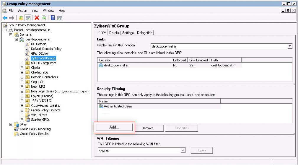 Click Add in the Security Filtering tab of the created GPO.