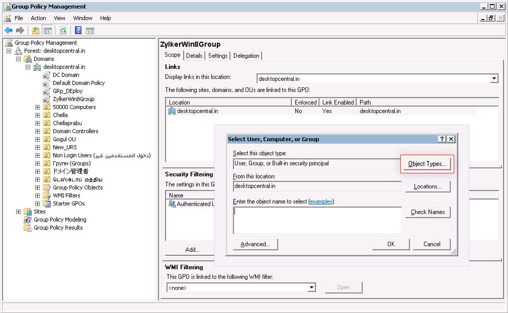 Click Object Types in the "Select User, Computer, or Group" dialog.