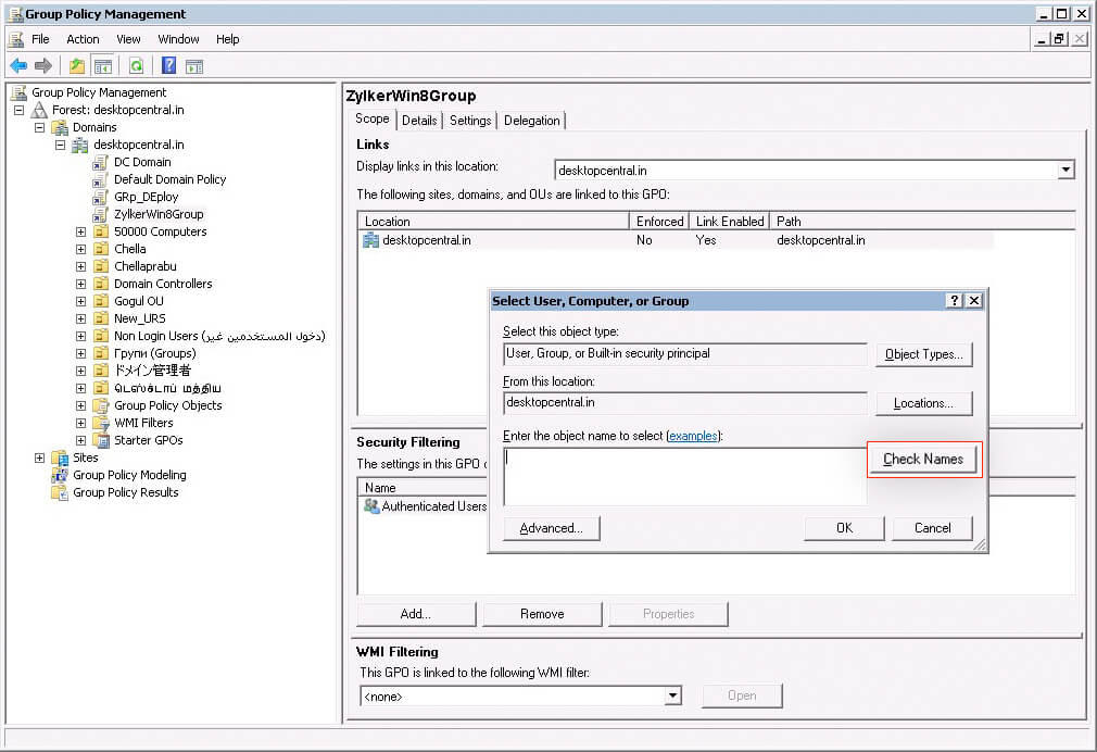 In the "Select User, Computer, or Group" dialog, enter the first few letters of the computer name, click Check Names to add computers, and click OK.