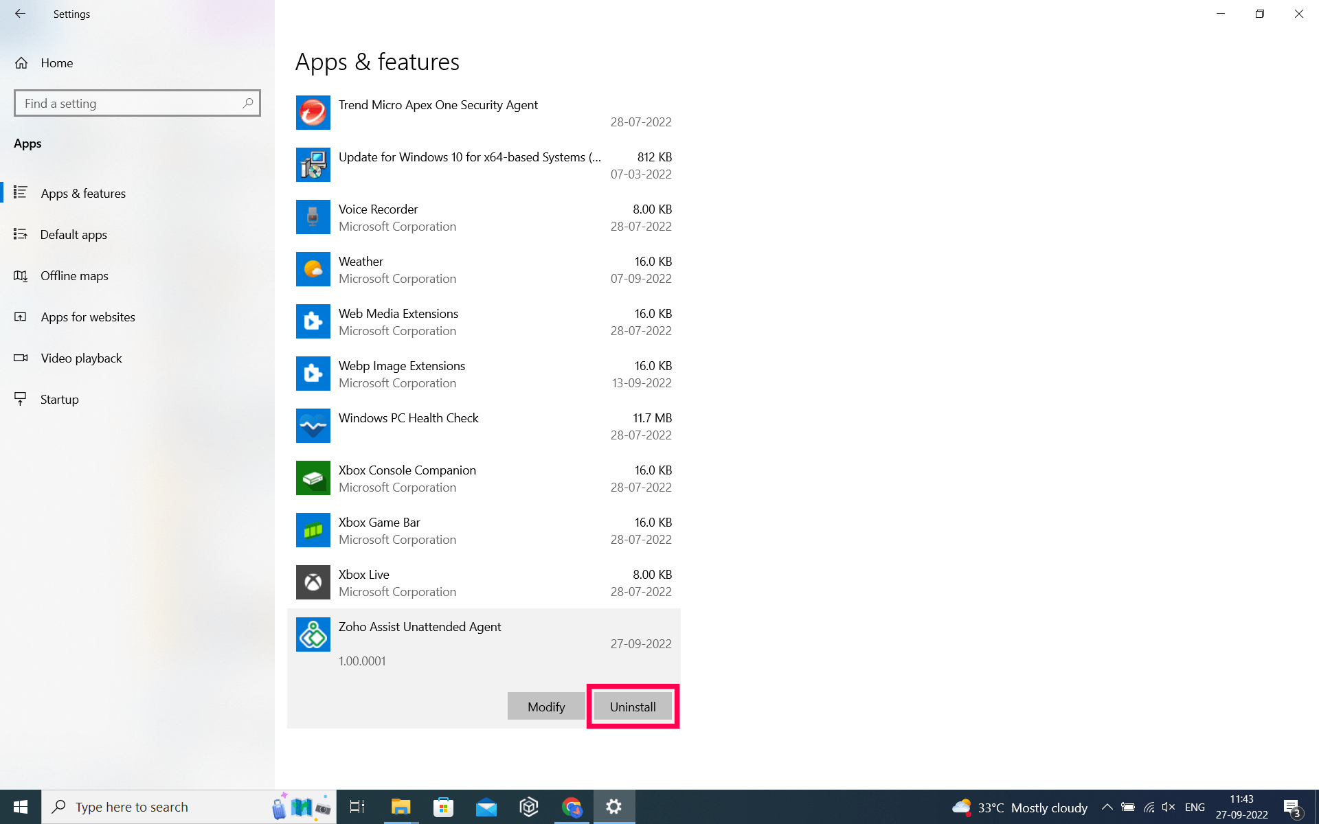 To uninstall Zoho Assist Unattended Agent from Windows via Windows settings, go to Windows > Settings > Apps > Apps and Features. Select More Options for the Zoho Assist Unattended Agent application and click Uninstall.