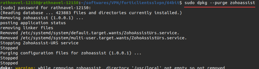 Command prompt window with a command to uninstall the Zoho Assist Unattended agent on Linux OS device.