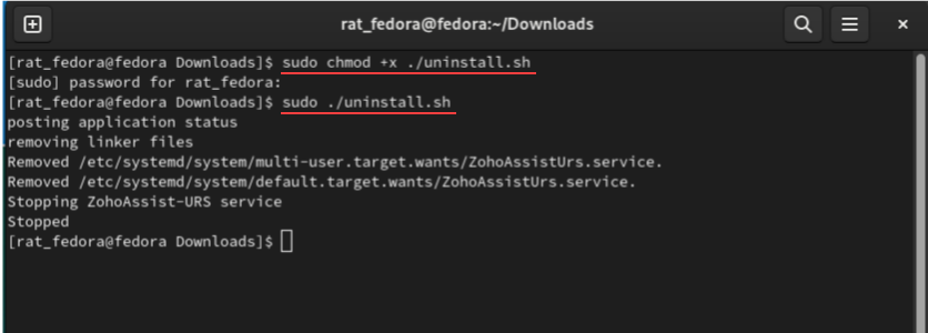 Command prompt window with a command to uninstall the Zoho Assist Unattended agent installed on other distros.