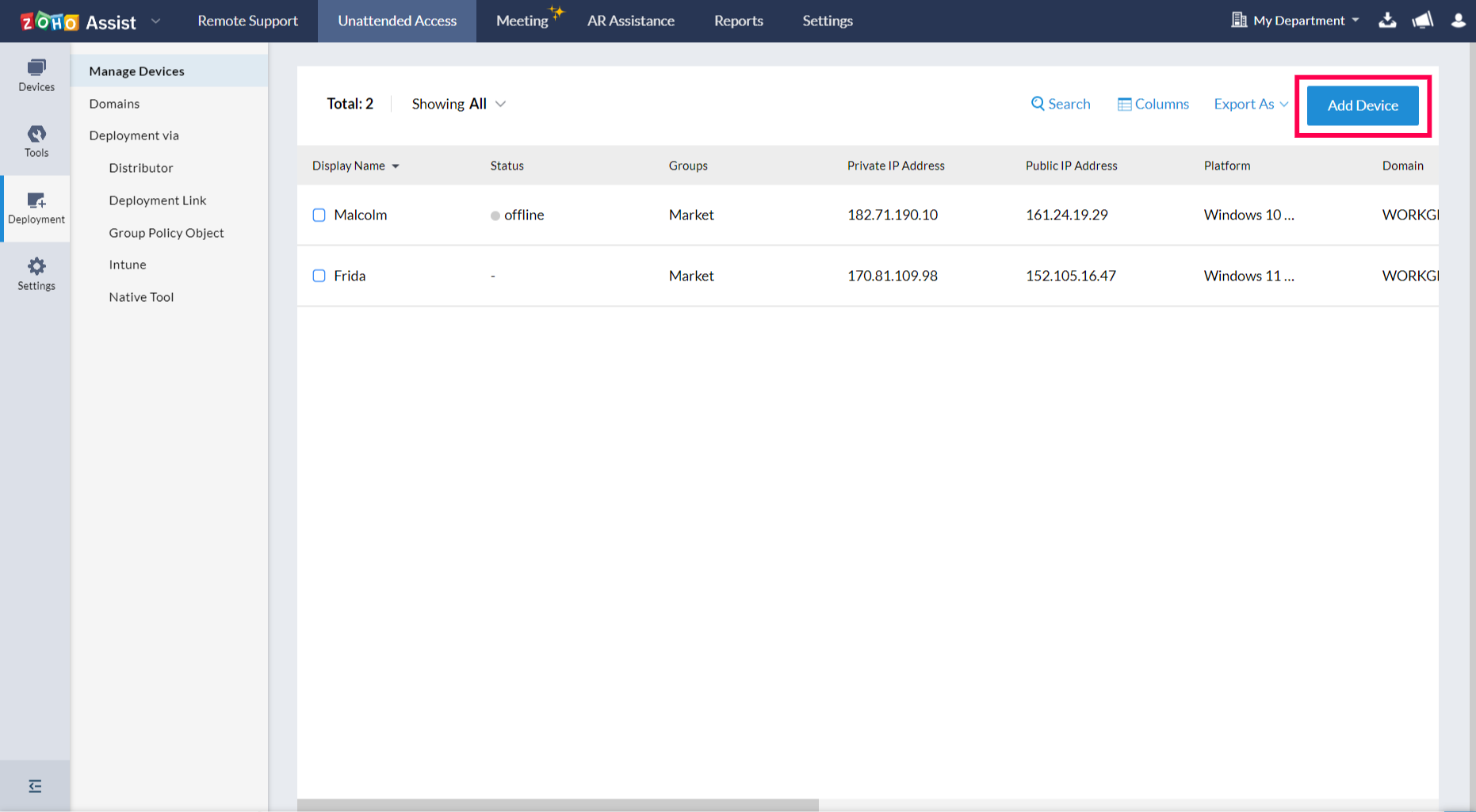 Navigate to the Unattended Access, select Deployment, and click Add Device.