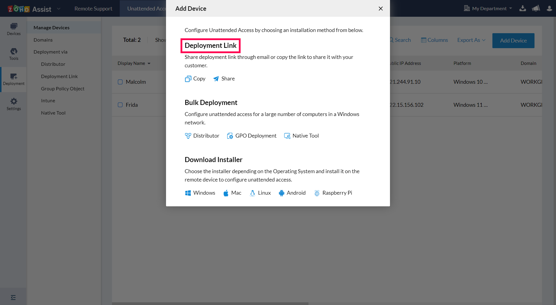 Configure a remote device using the Deployment Link method. Share the link via email or copy it to send manually.