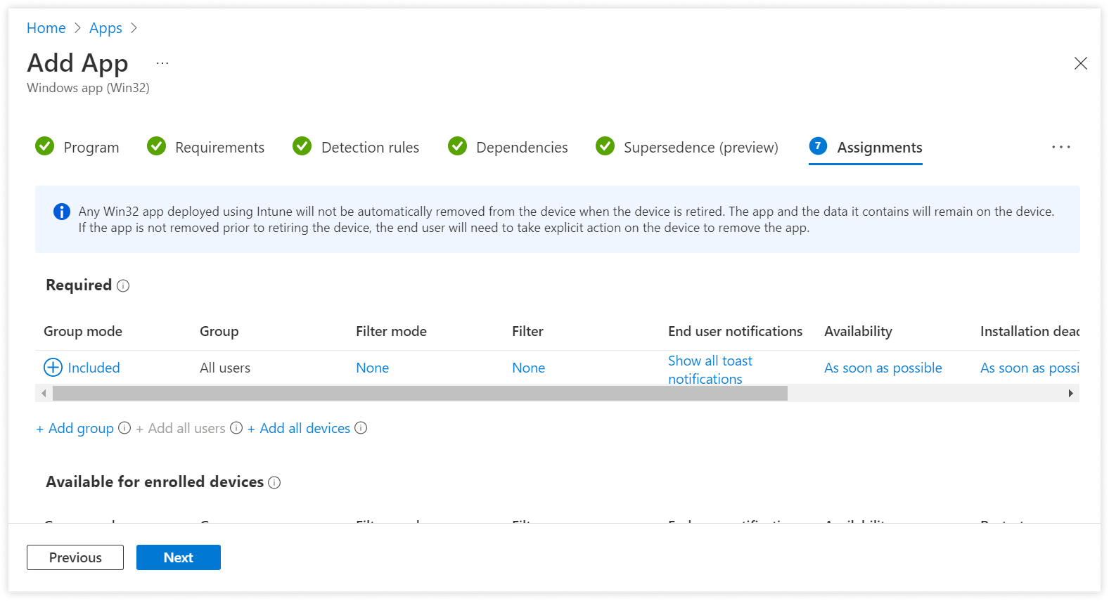 Assignments section with Add all users option.
