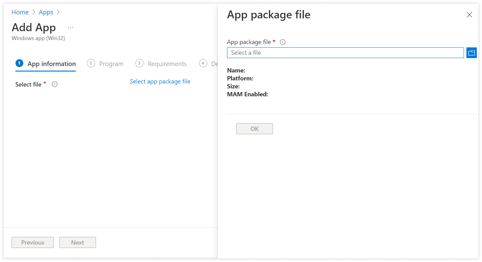 In Add App window, click select app package file to attach intunewin file.