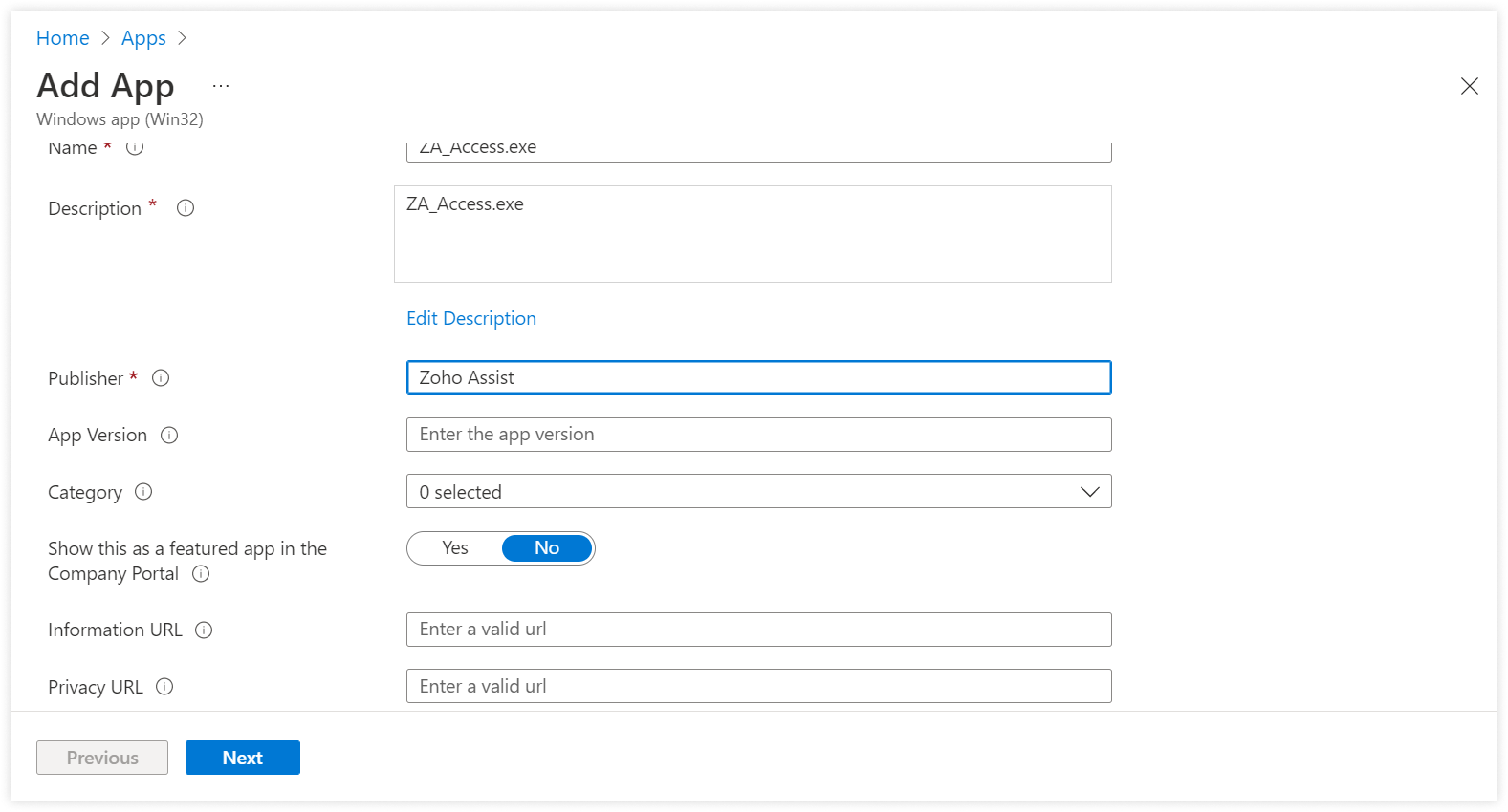 In the Add App section, enter the publisher name as Zoho Assist and click Next.