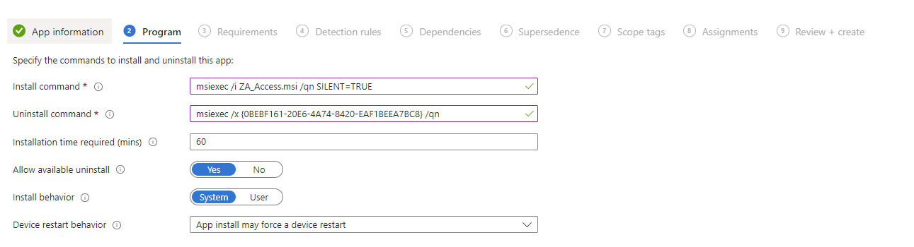 Install commands for MSI installer are entered in the Program section.