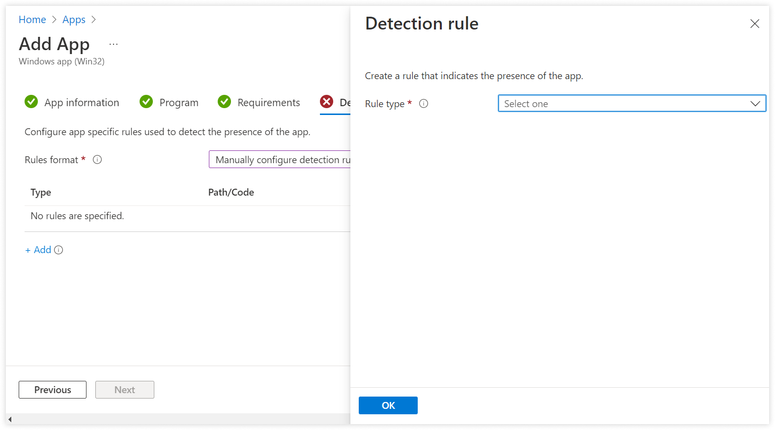 In Detection Rules section, select Manually Configure Detection Rule for Rules format. Click Add.