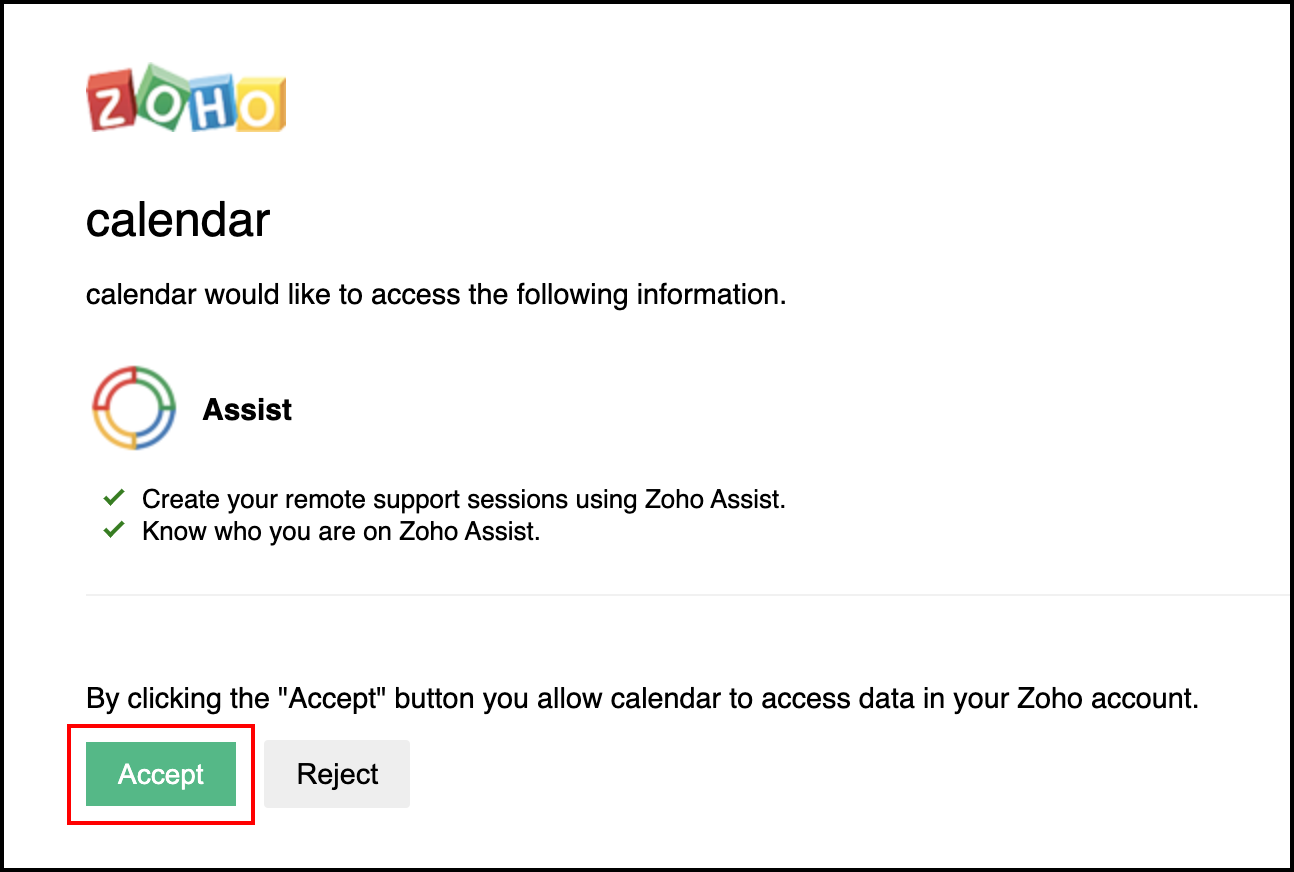 Zoho Assist authorization window