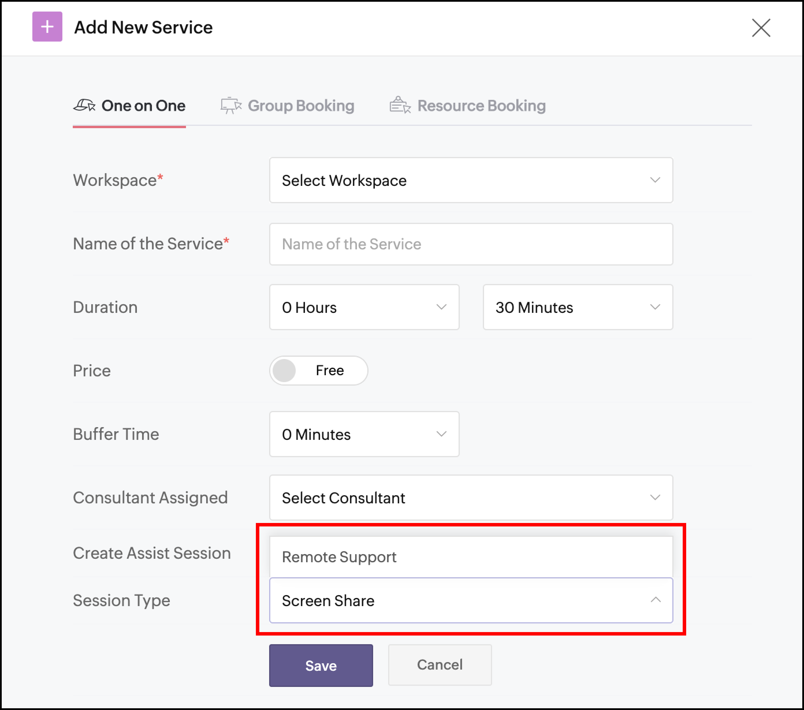 Create Assist Session toggle in Zoho Bookings