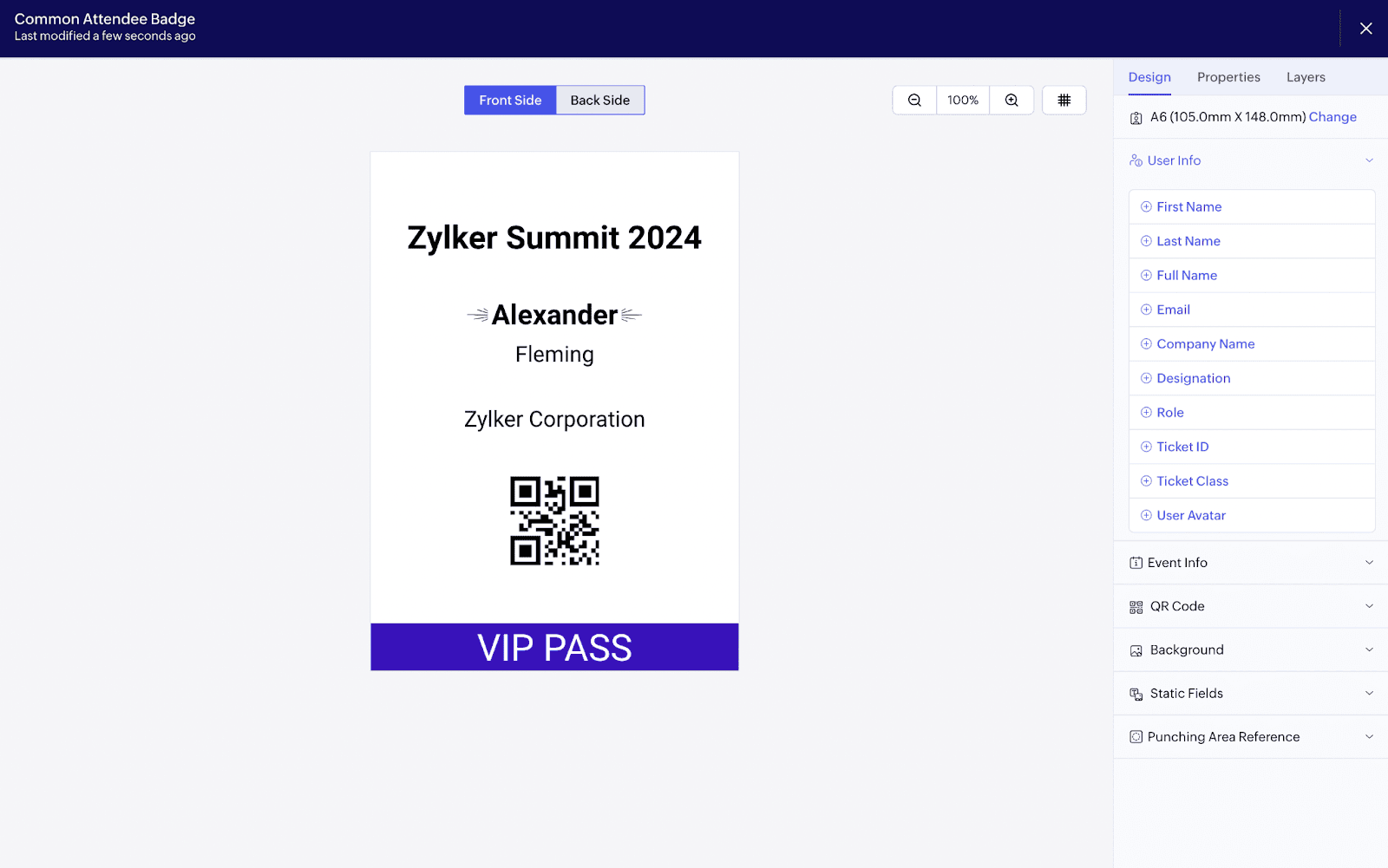 A simple, QR-code-based badge designed with Zoho Backstage