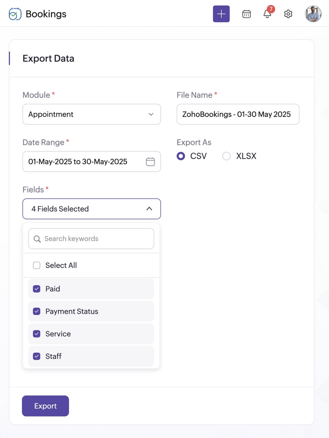 Export payment data for your appointments