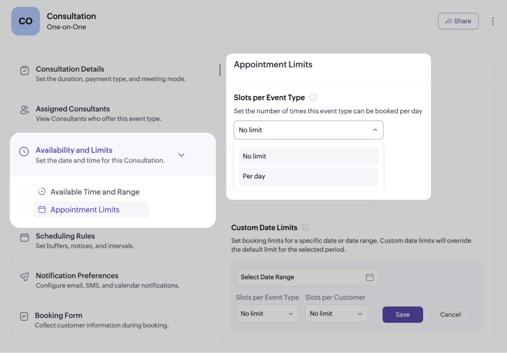 Limit bookings by event type