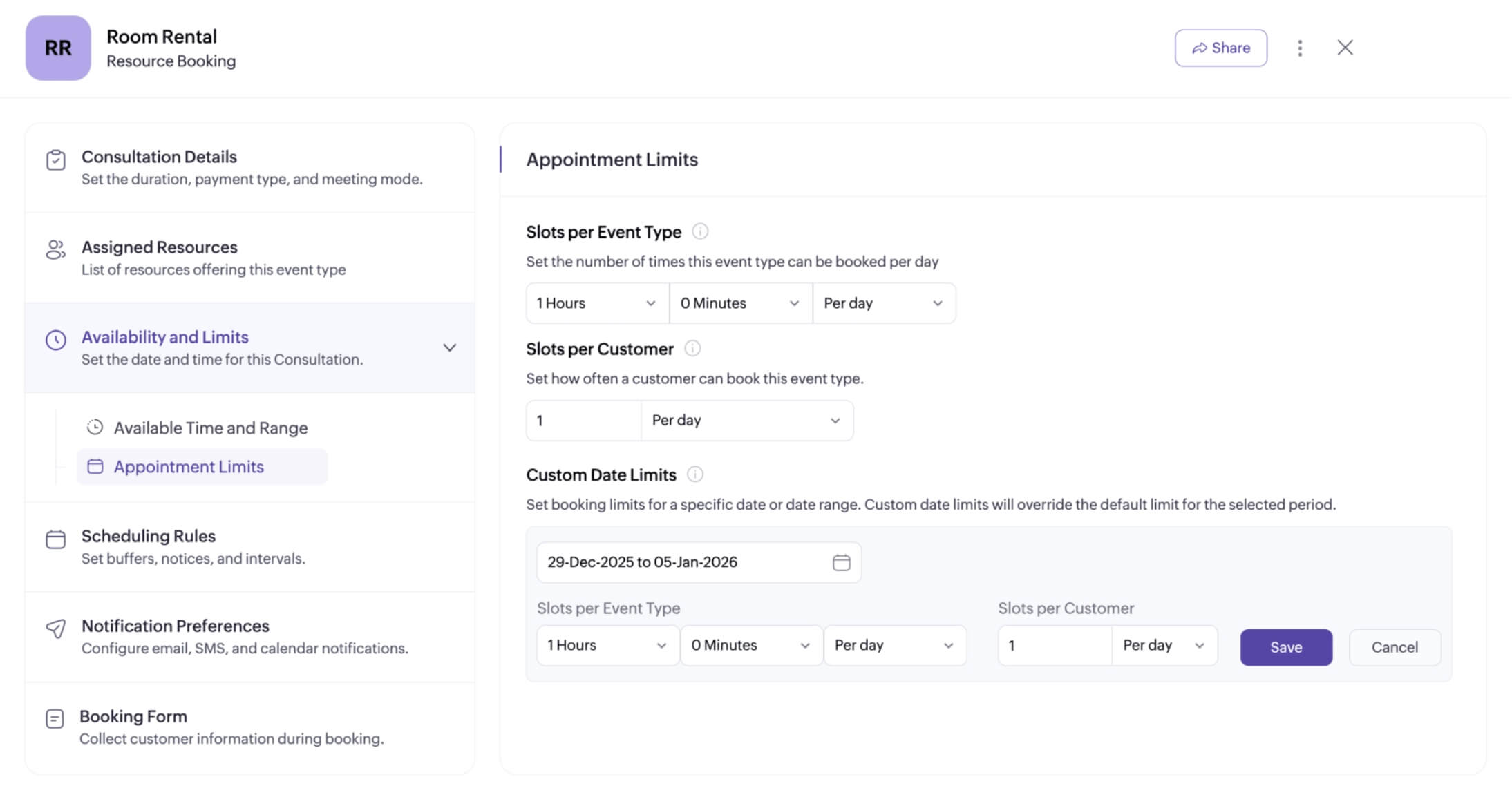 Limit bookings for a resource