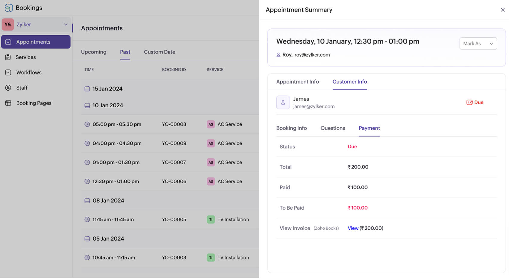 Automated deposit and invoice tracking Partial deposit booking system