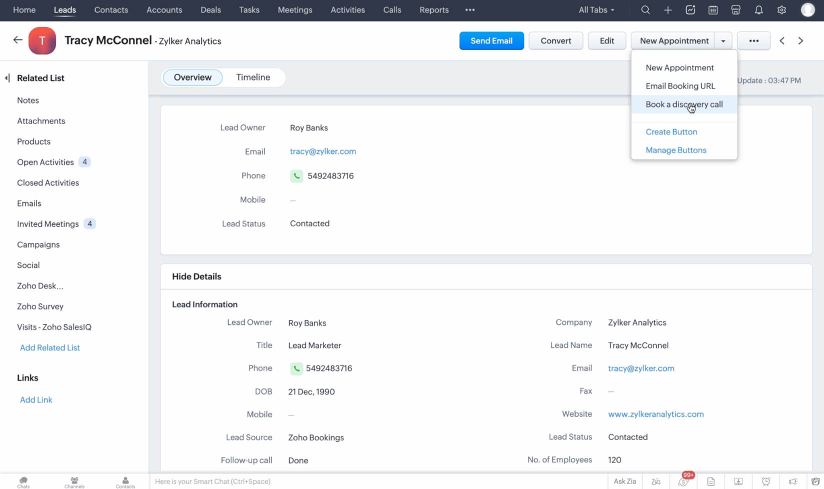 Zoho CRM's lead view with the Zoho Bookings' book a discovery call link present in the drop-down