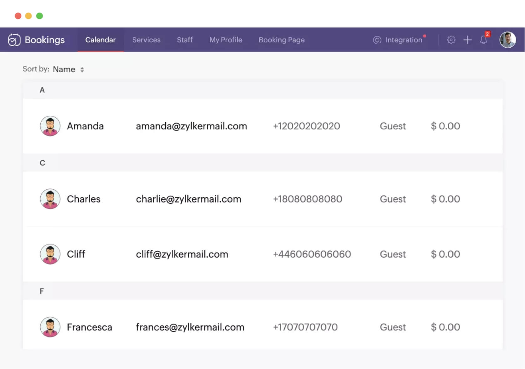 Zoho Bookings calendar dashboard with a list of appointments