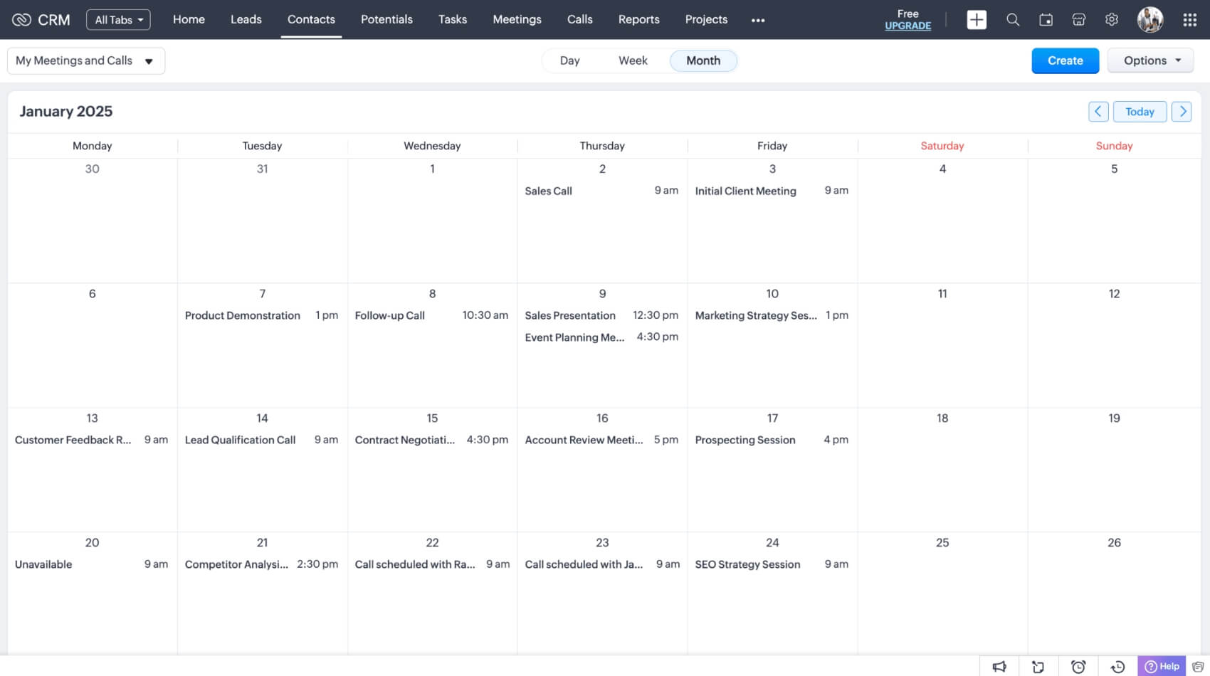 Zoho CRM calendar dashboard with a monthly view of upcoming appointments