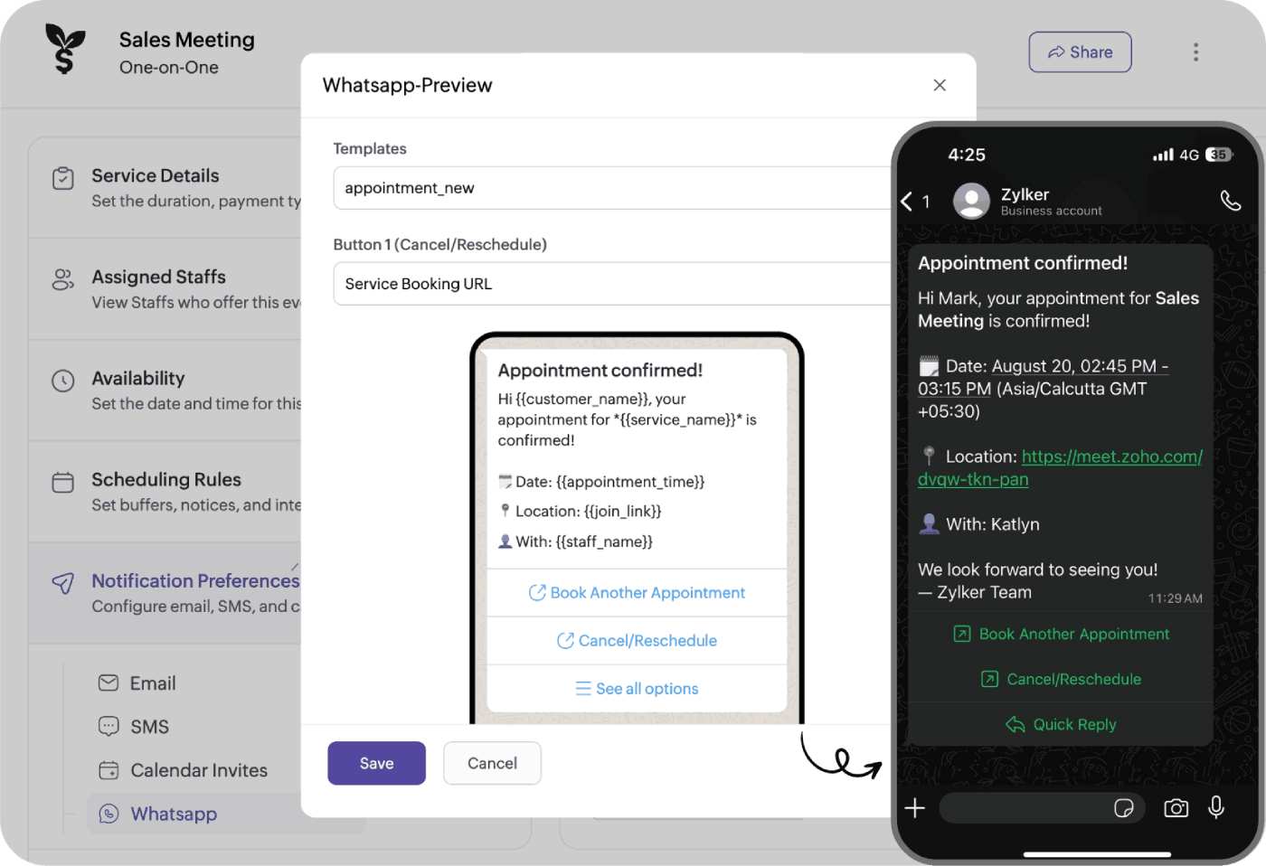 WhatsApp notification in Zoho Bookings