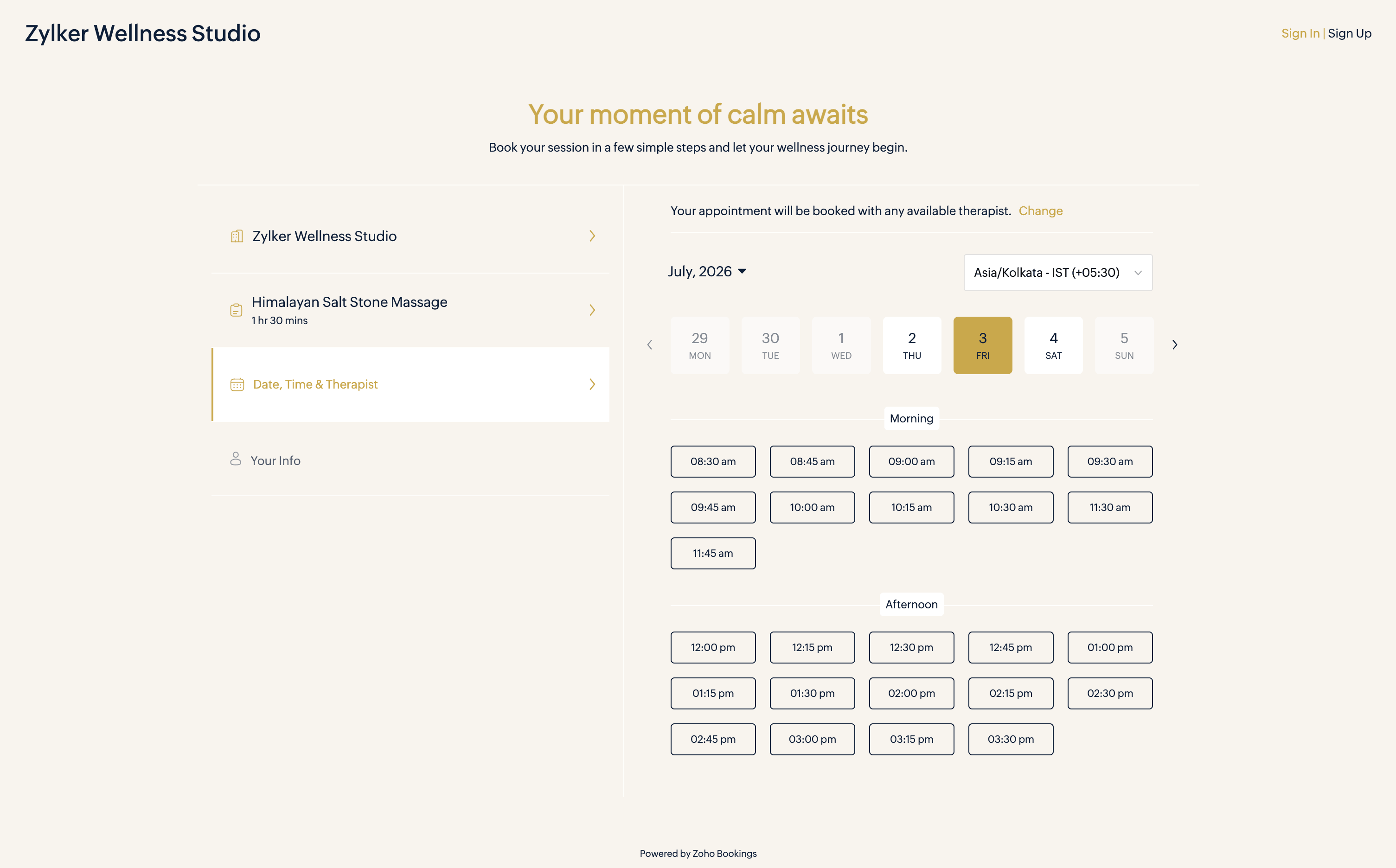 Zoho Bookings self-booking page for massage therapy clients