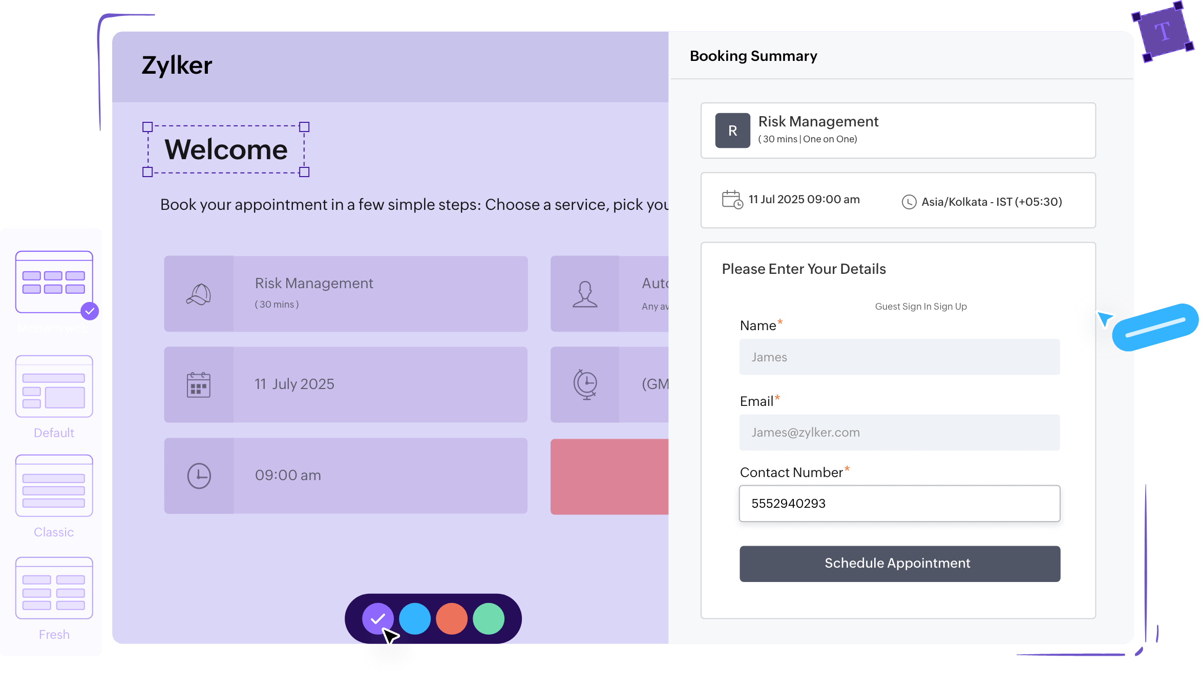 Zoho Bookings booking page with multiple color options
