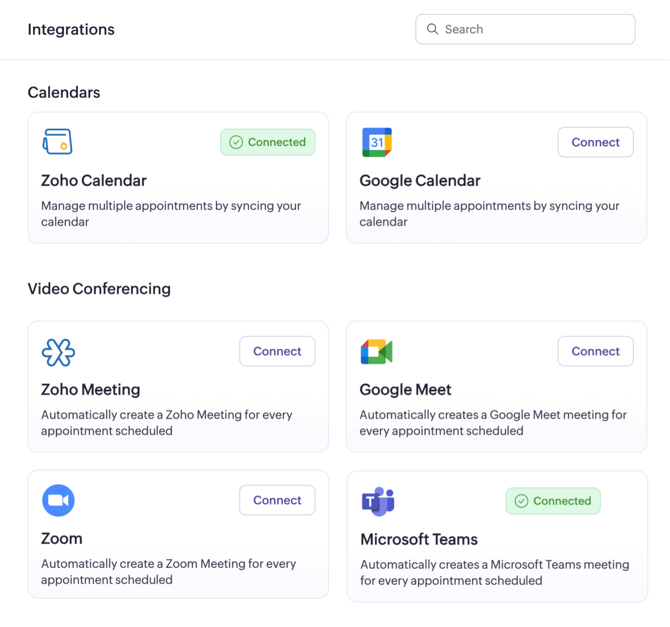 Video conferencing integrations in Zoho Bookings
