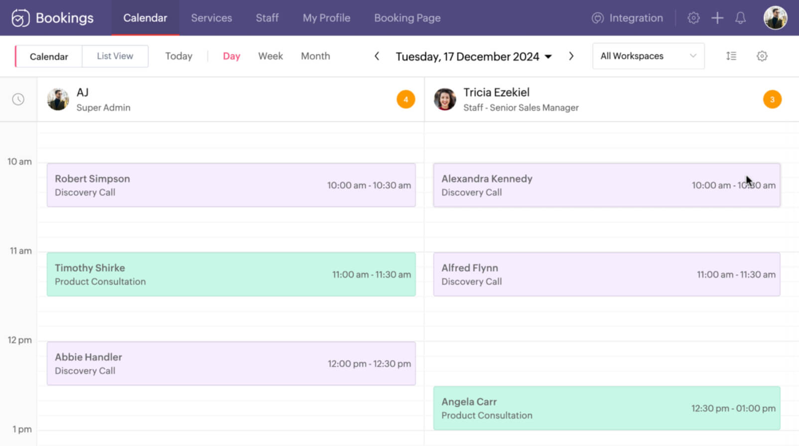 Zoho Bookings calendar on web and mobile
