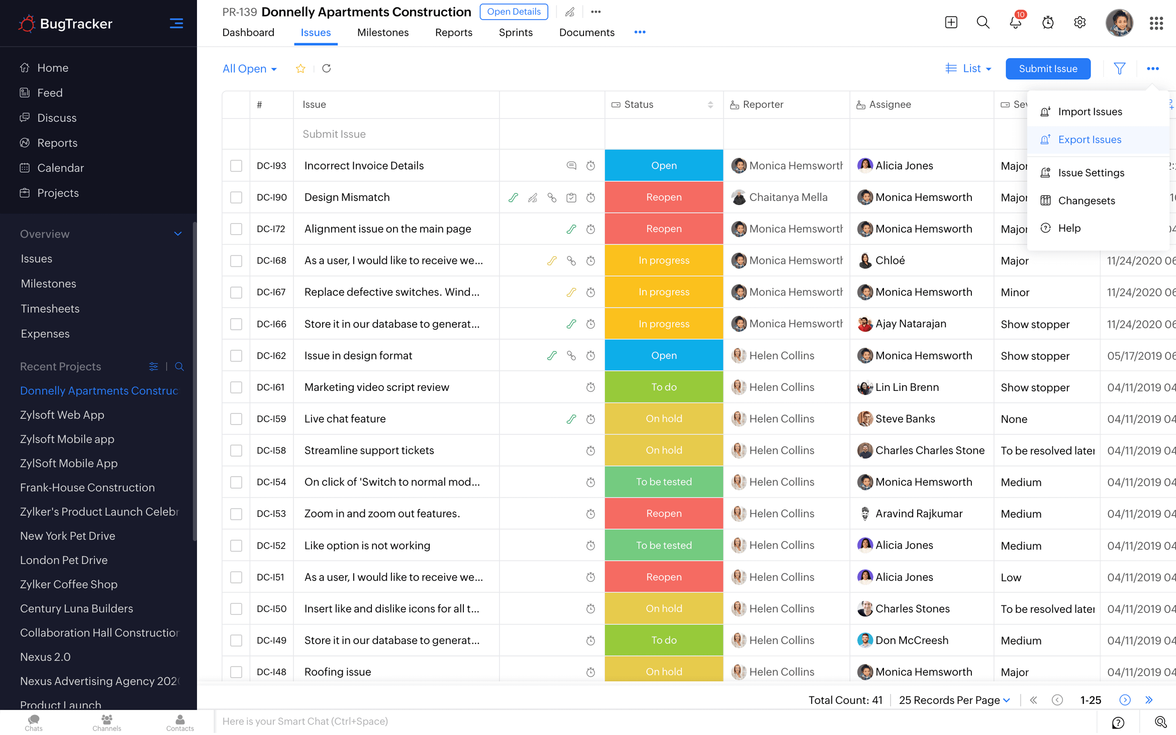 View and export bugs