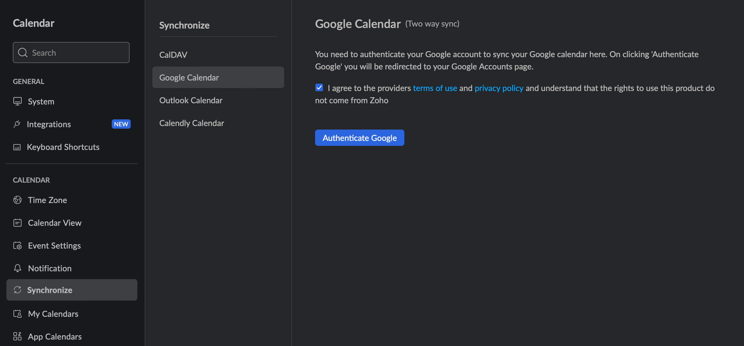 A screen showing Zoho Calendar's synchronize interface that allows sync with Google Calendar.