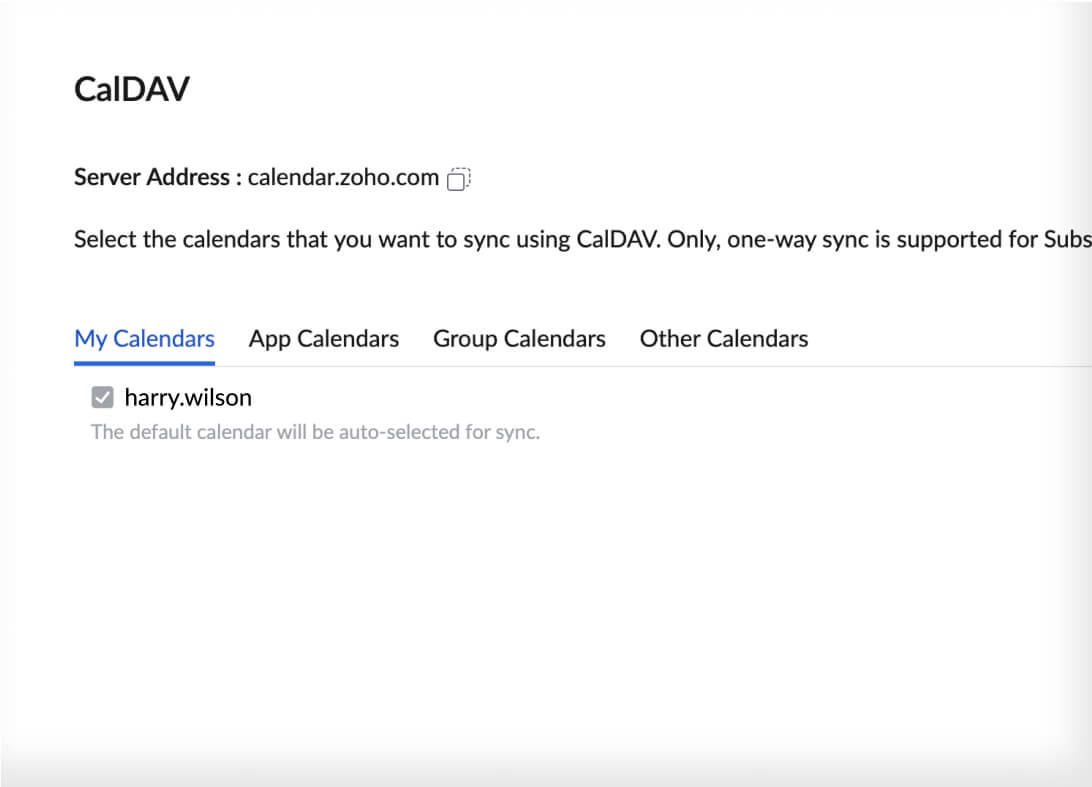 A screen showing Zoho Calendar's interface that uses CalDav to sync with native calendars.
