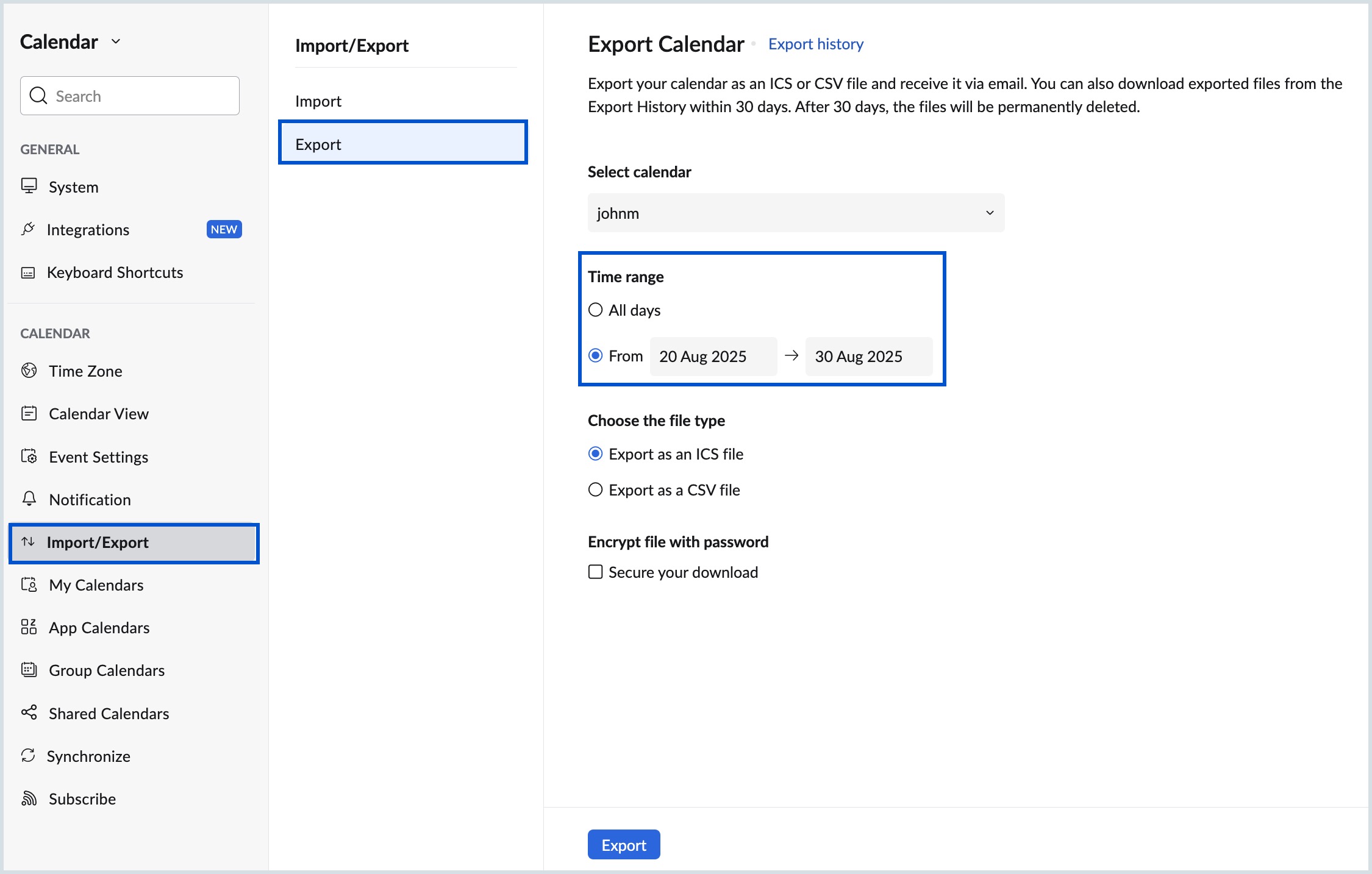 Export custom date