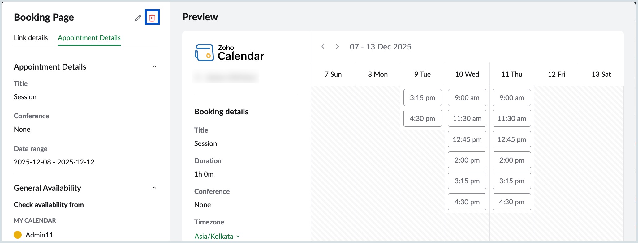 Delete Booking Page