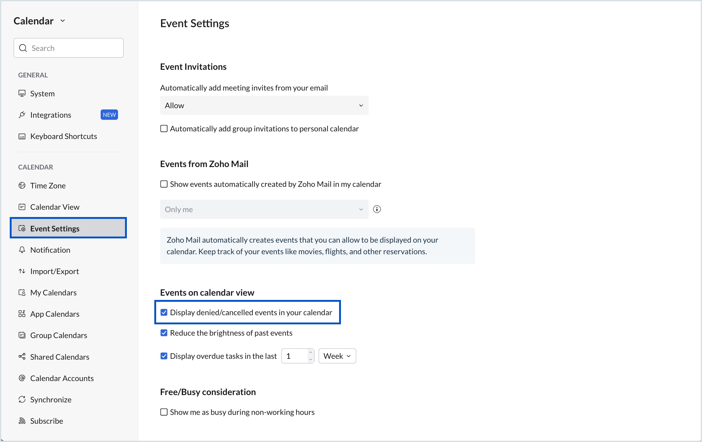 Display denied/cancelled events