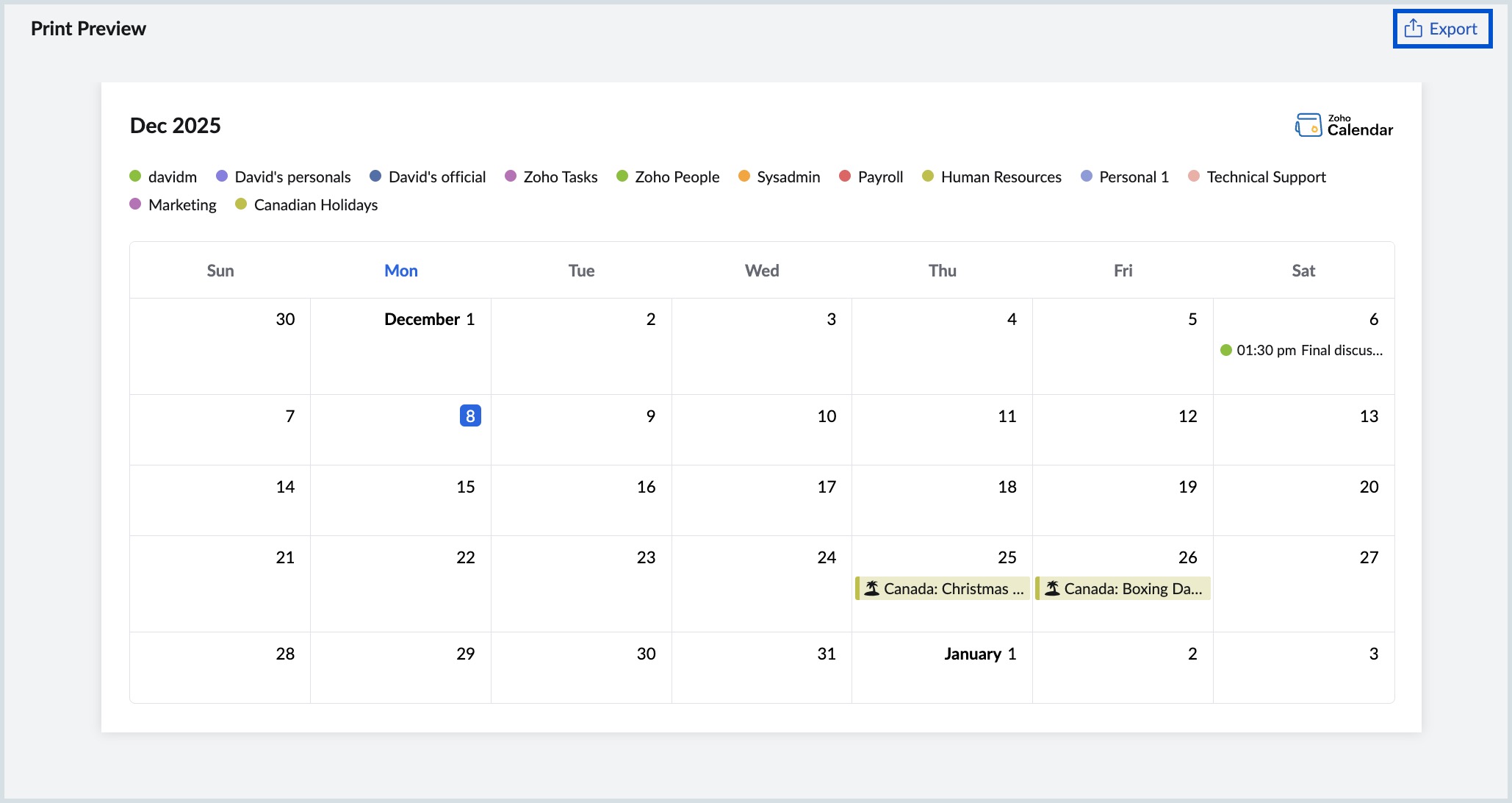 Export calendar view Export calendar view