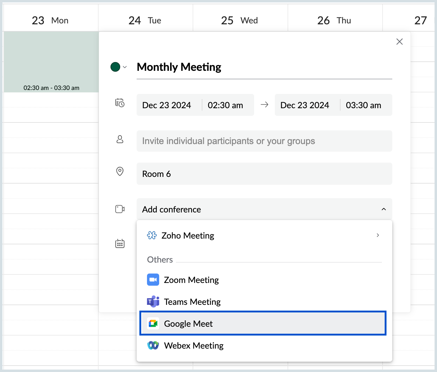 Create event using google meet