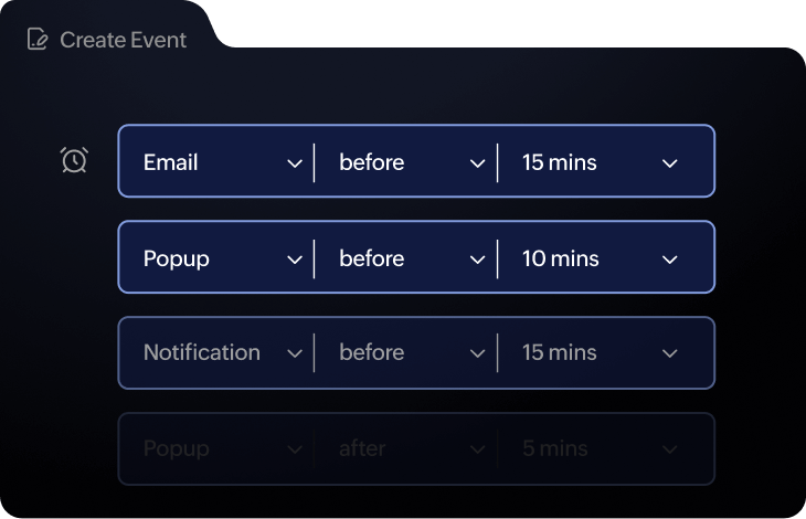 Zoho Calendar window displaying custom reminders being set for events