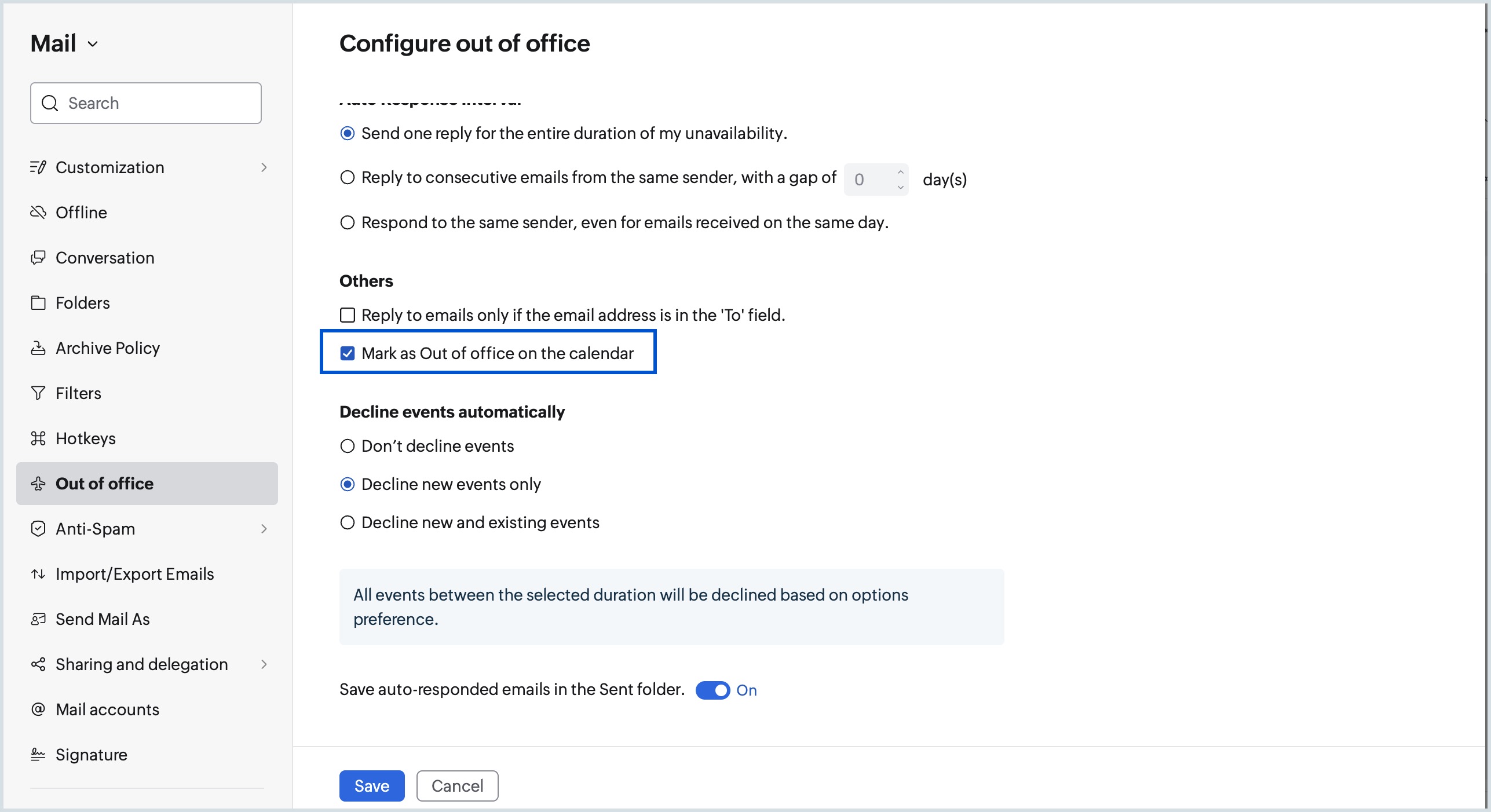 Enable Out of Office in Mail settings Enable Out of Office in Mail settings