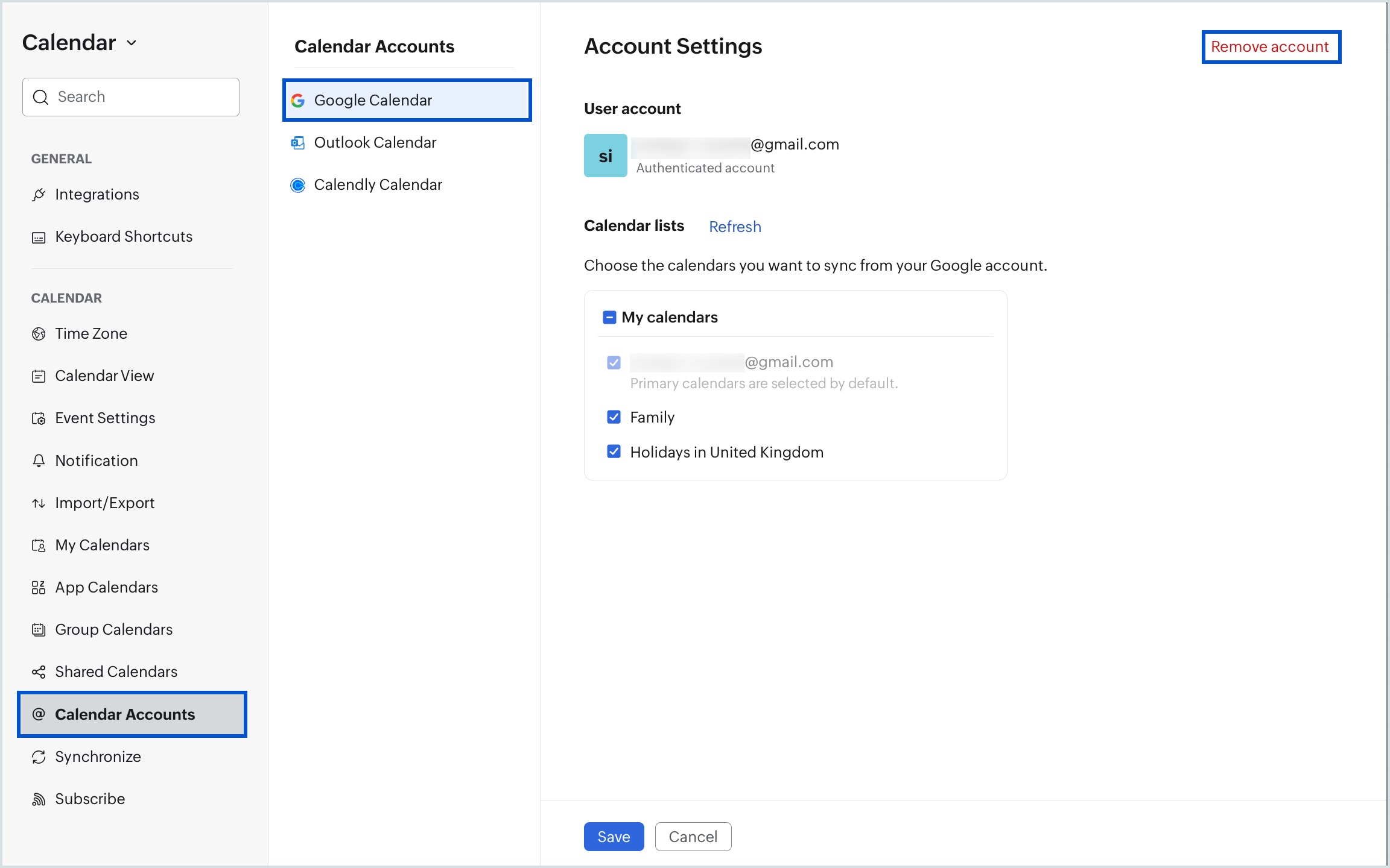 Remove Google Calendar Account