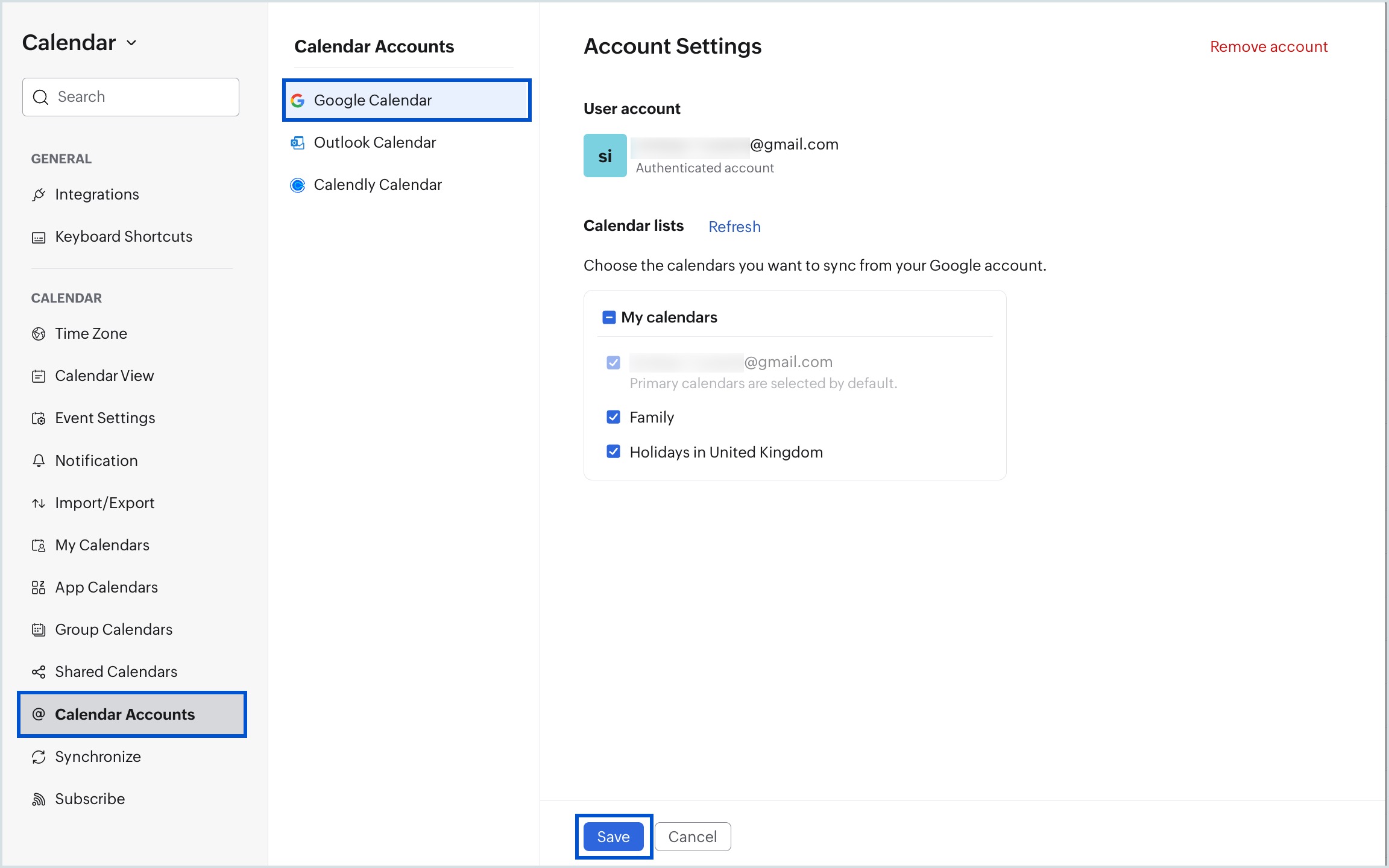 Select Google Calendars