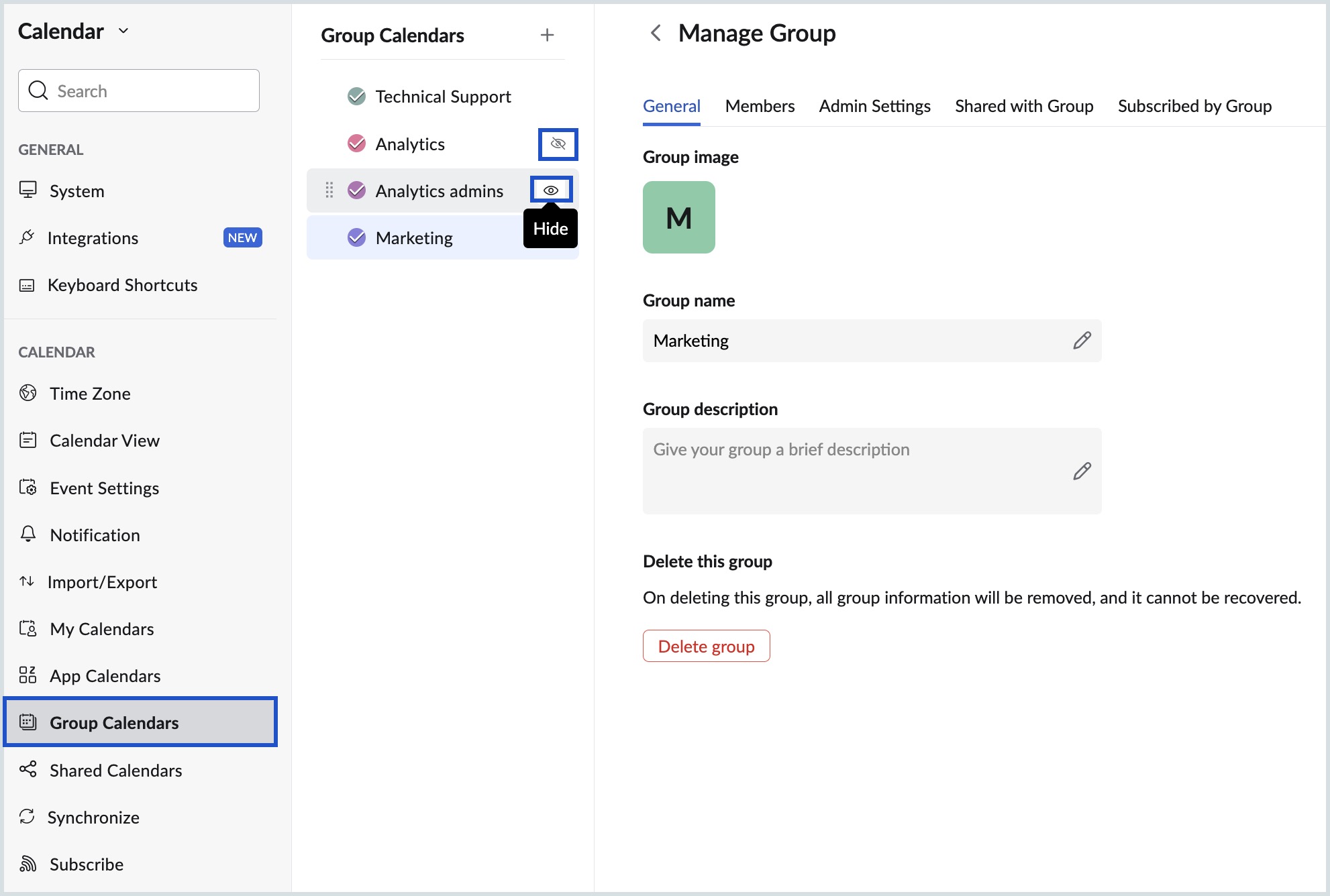 Show/hide calendar settings