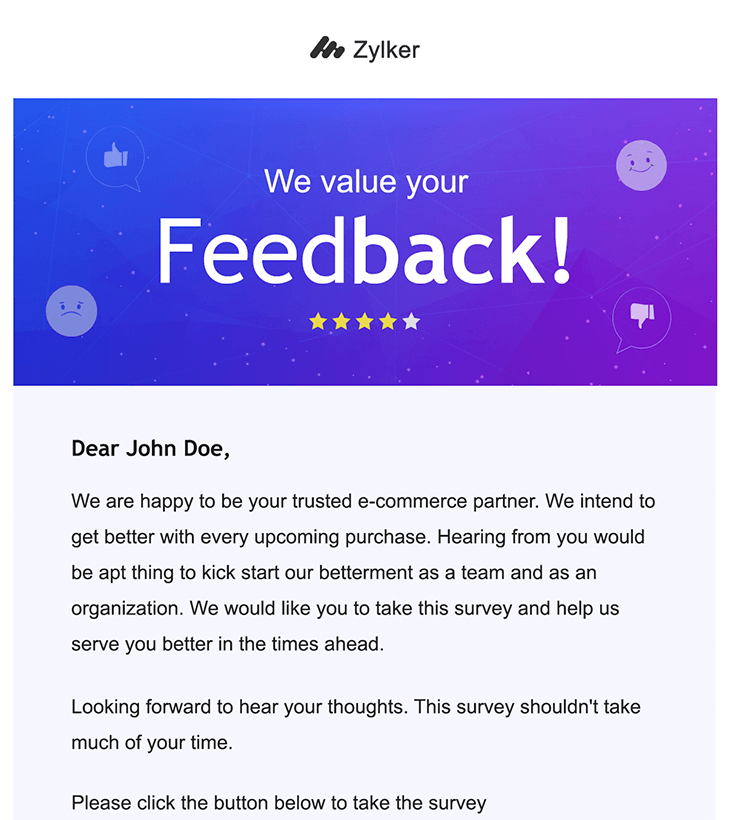 Zylker customer feedback survey email