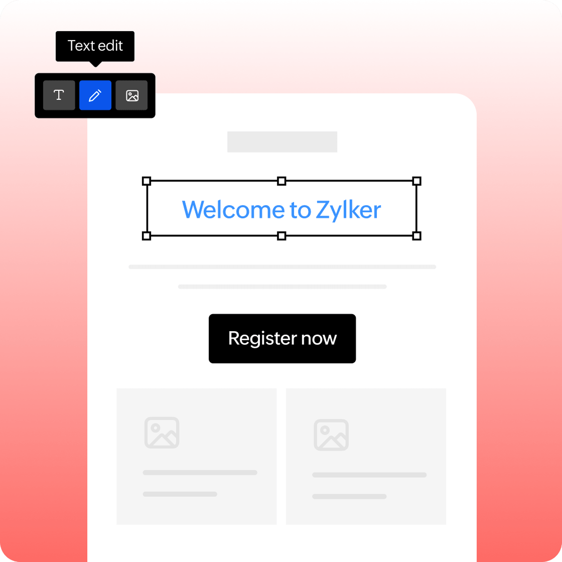 Welcome to Zylker email template opened in the editor with the text edit tool active.