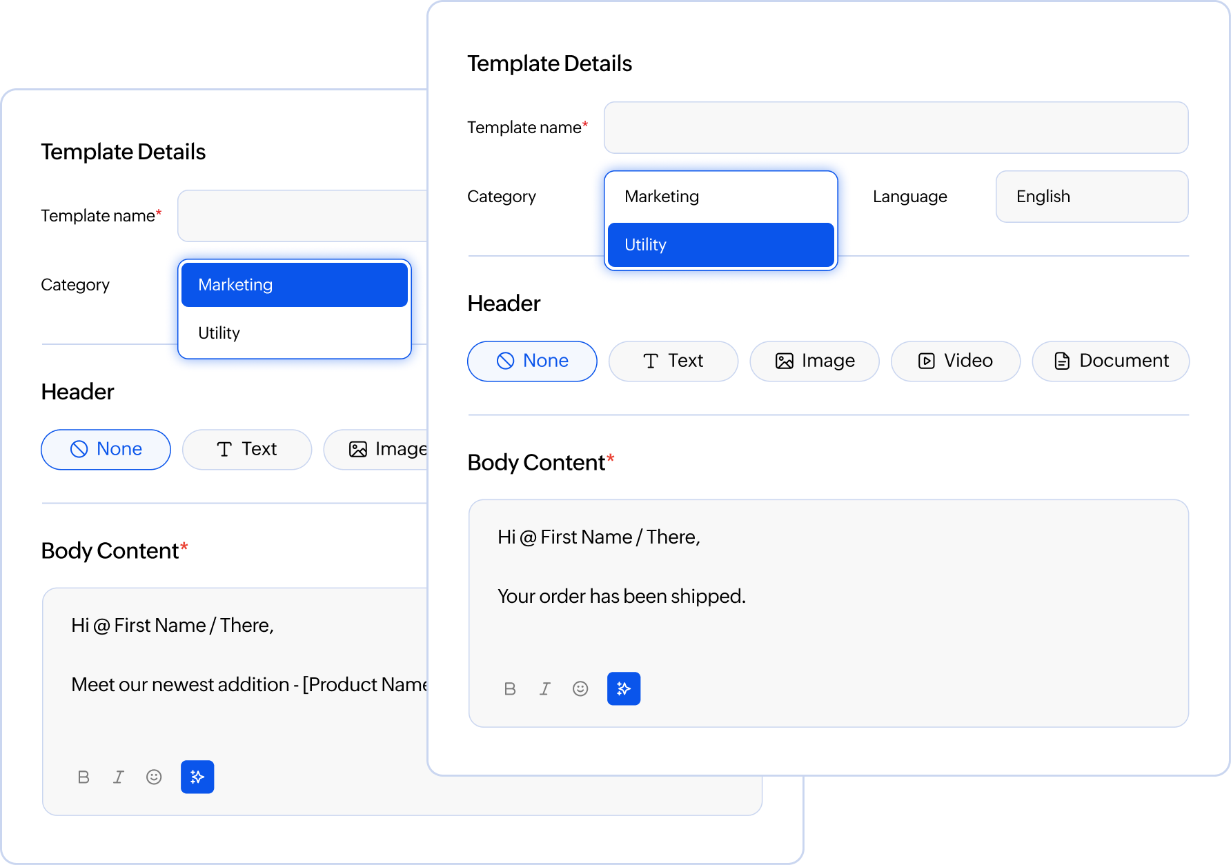 Choosing marketing or utility tone for a message template.