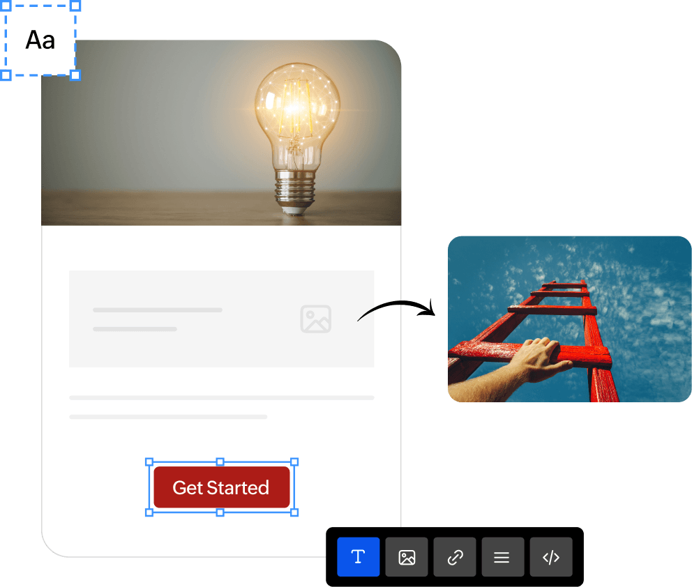 Email template being assembled in the editor with image and text blocks.
