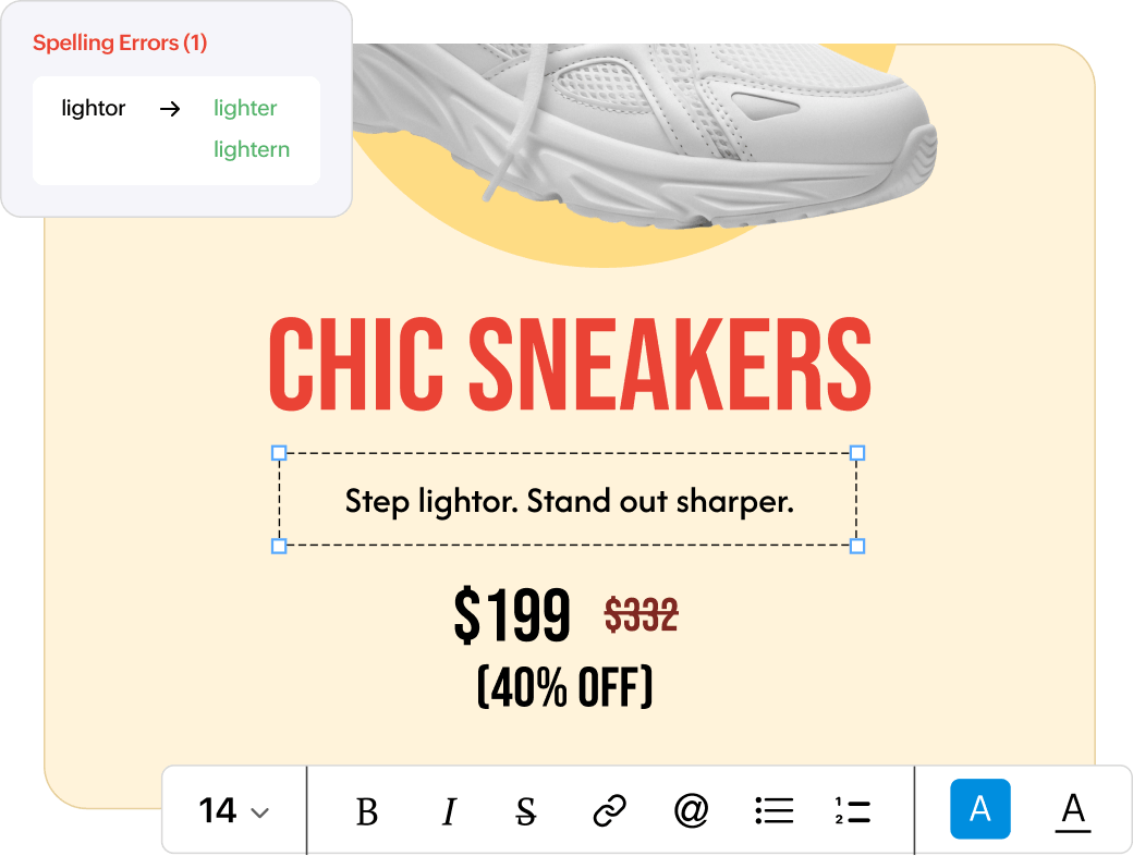 Editor highlighting a spelling correction and text formatting toolbar in an email design.